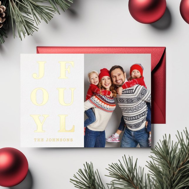 Carte De Vœux En Aluminium Joyeux Photo moderne Gold de Noël (Elegant Joyful One Photo Christmas Gold Foil Holiday Card)