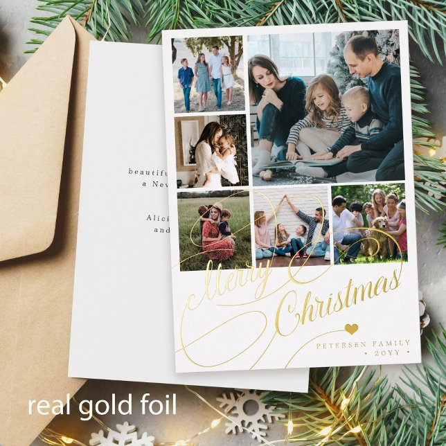 Carte De Vœux En Aluminium Joyeux script Noël 6 photo collage famille (You can choose the foil color: GOLD, ROSE GOLD or SILVER)