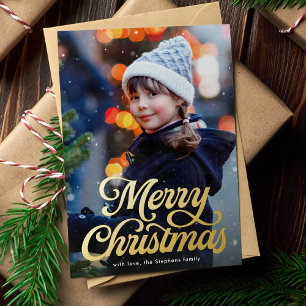 Carte De Vœux En Aluminium Joyeux script rétro de Noël photo classique