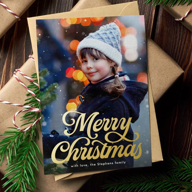 Carte De Vœux En Aluminium Joyeux script rétro de Noël photo classique (Créateur téléchargé)