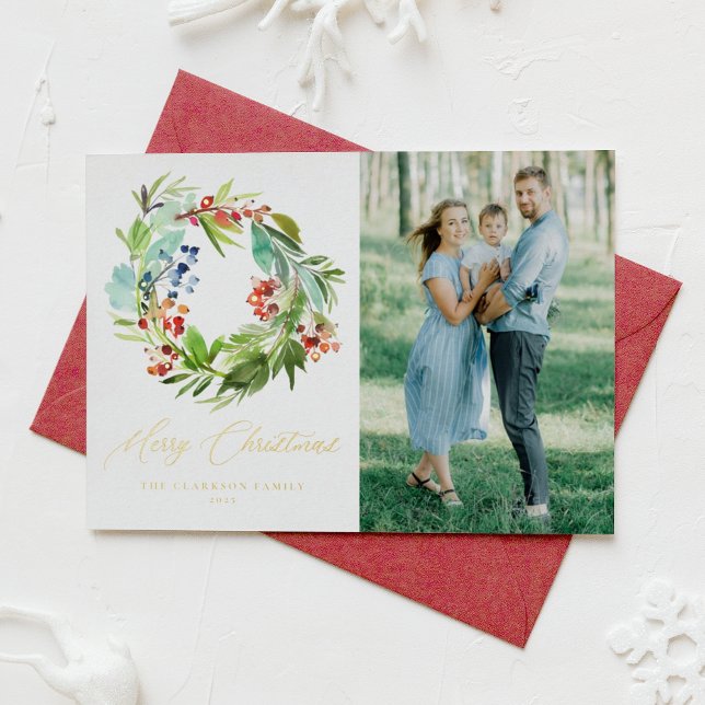 Carte De Vœux En Aluminium Juniper et Holly Wreath Joyeux Noël Photo (Créateur téléchargé)