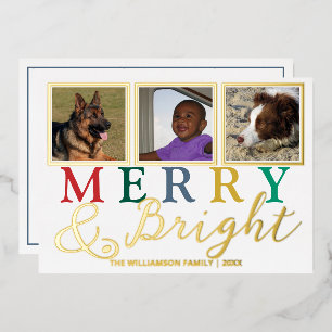 Carte De Vœux En Aluminium Lettres colorées 3 Photo Chic Merry Bright Gold