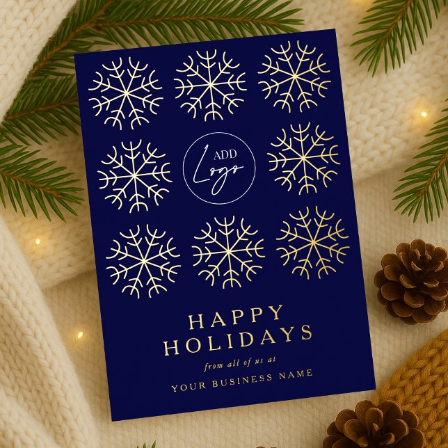 Carte De Vœux En Aluminium Logo de l'entreprise Noël Snowflakes Marine & Gold (Corporate business logo navy blue and gold foil holiday cards )