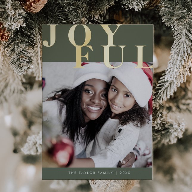 Carte De Vœux En Aluminium LOTTIE Green Foil Photo Simple Joyeux Noël (LOTTIE Green Foil Photo Simple Joyful Christmas Foil Holiday Card)