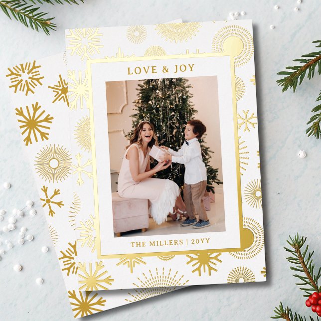 Carte De Vœux En Aluminium Love & Joy Christmas Photo Modern Gold Snowflakes (Créateur téléchargé)