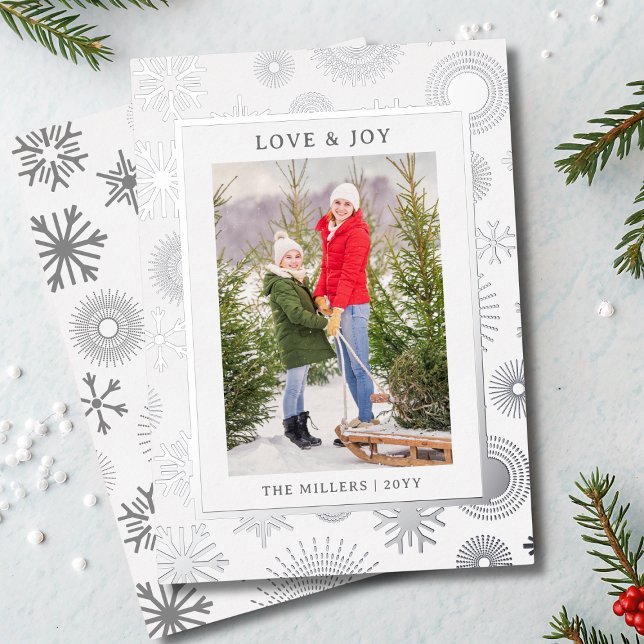 Carte De Vœux En Aluminium Love & Joy Christmas Photo Modern Silver Snowflake (Créateur téléchargé)