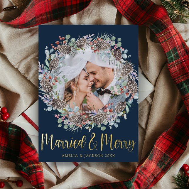 Carte De Vœux En Aluminium Luxe Gold Marié & Merry Christmas Wreath (Créateur téléchargé)