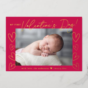 Carte De Vœux En Aluminium Ma première Saint Valentin Script Magenta Photo