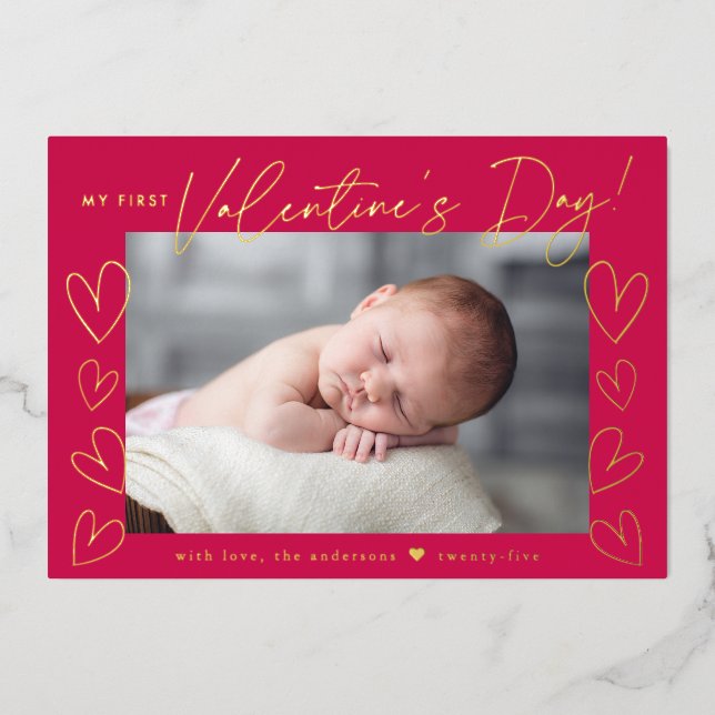 Carte De Vœux En Aluminium Ma première Saint Valentin Script Magenta Photo (Recto)