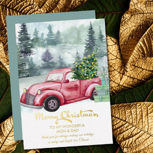 Carte De Vœux En Aluminium Maman et papa Vintage Camion rouge Arbre de Noël O