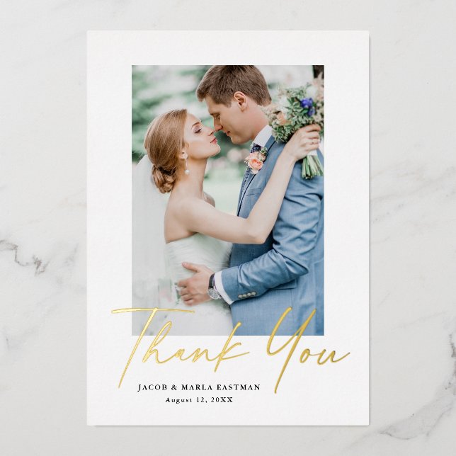 Carte De Vœux En Aluminium Mariage photo Modern Gold Script (Recto)