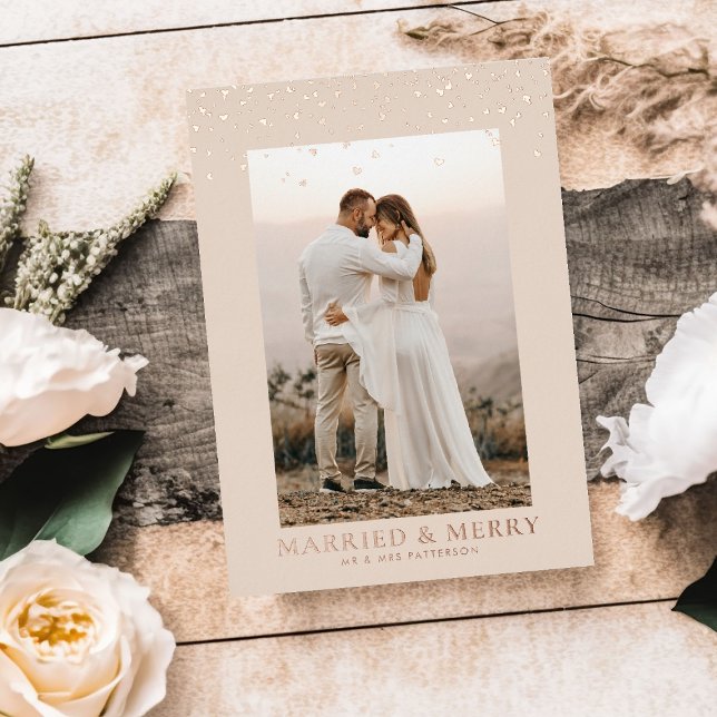 Carte De Vœux En Aluminium Marié & Joyeux Coeurs Tombants Rose Photo Gold (Créateur téléchargé)