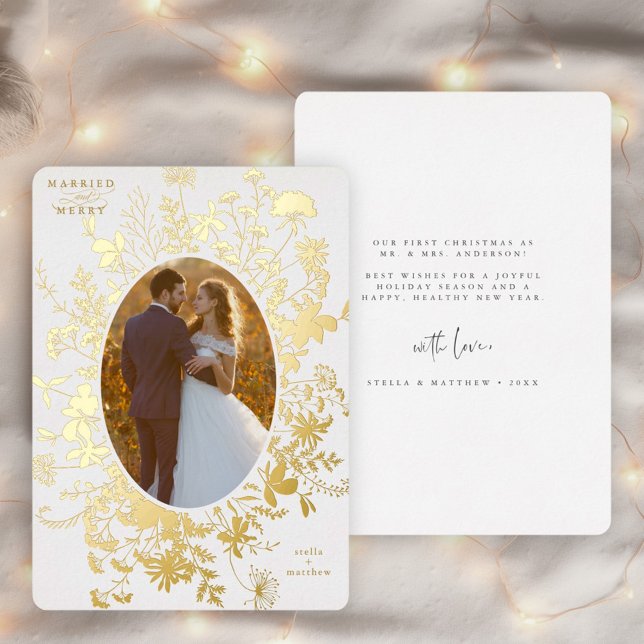 Carte De Vœux En Aluminium Marié & Joyeux Fleur sauvage Noël Photo Gold (Front & Back)