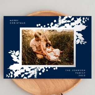 Carte De Vœux En Aluminium Marine Bleu Joyeux Noël Holly Photo Silver