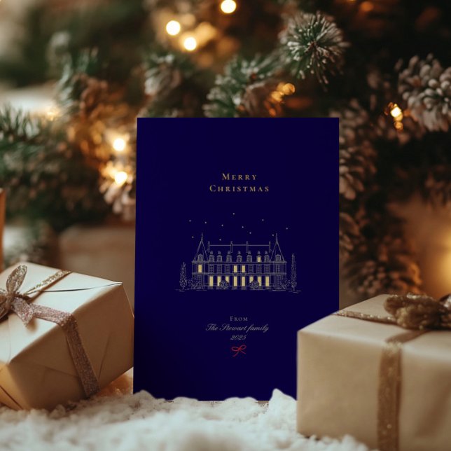Carte De Vœux En Aluminium Marine & Gold élégant Joyeux Noël chic (Navy & Gold Stylish Merry Christmas Chic Foil Holiday Card)