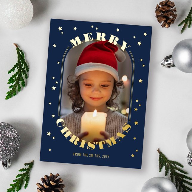 Carte De Vœux En Aluminium Marine Gold Stars Oblong Photo Joyeux Noël (Créateur téléchargé)