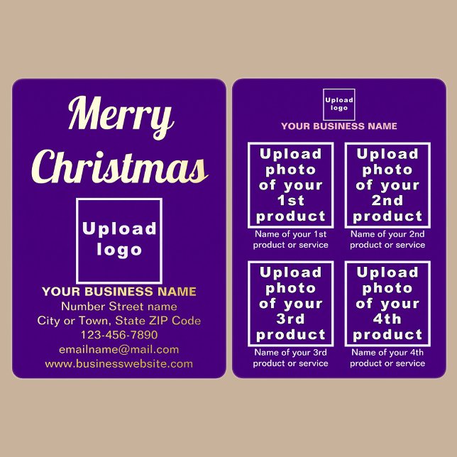 Carte De Vœux En Aluminium Marque Purple Business à Noël (Purple business brand with products or services on Christmas foil holiday card.)