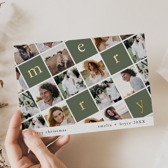 Carte De Vœux En Aluminium MEMELIA Gold Foil Green Multi Photo Noël (EMELIA Gold Foil Green Multi Photo Christmas Foil Holiday Card)