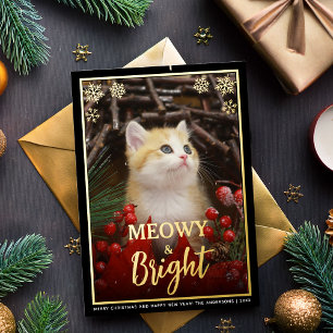 Carte De Vœux En Aluminium Meowy & Bright Photo de chat mignon & Flocons de n