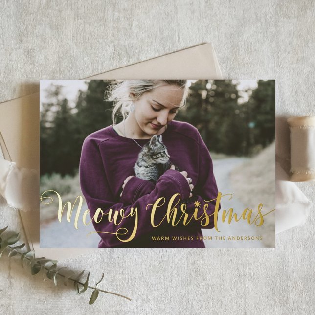 Carte De Vœux En Aluminium Meowy Noël Calligraphie moderne Photo Chat (Créateur téléchargé)