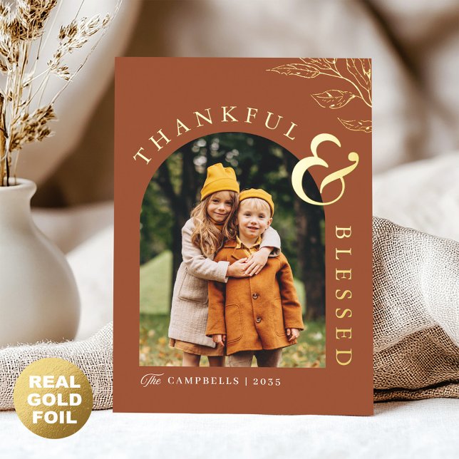 Carte De Vœux En Aluminium Merci et béni Thanksgiving Rustic Leaf Gold (Créateur téléchargé)