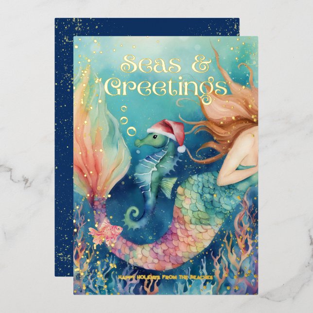 Carte De Vœux En Aluminium 🧜 ‍ ♀️ Mermaid & Seahorse Beach Noël (Recto/Verso)