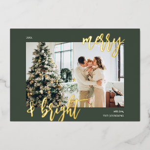 Carte De Vœux En Aluminium Merry Bright Brush Script Photo Vert