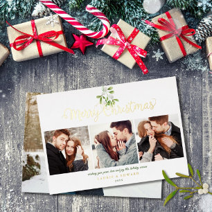 Carte De Vœux En Aluminium Merry Christmas Mistletoe 4 Photo Gold