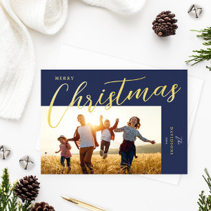 Carte De Vœux En Aluminium Merry Christmas Modern Blue Gold Script Photo
