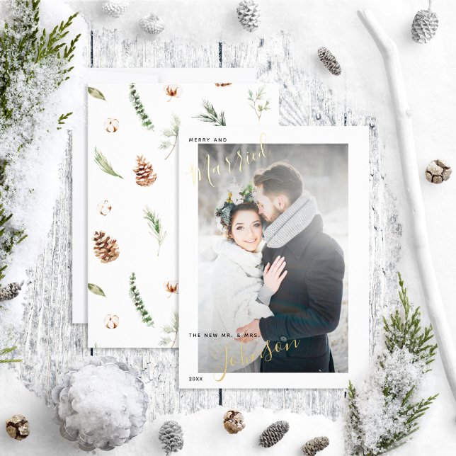 Carte De Vœux En Aluminium Merry & Marié Coton Winter Wedding Photo (Créateur téléchargé)