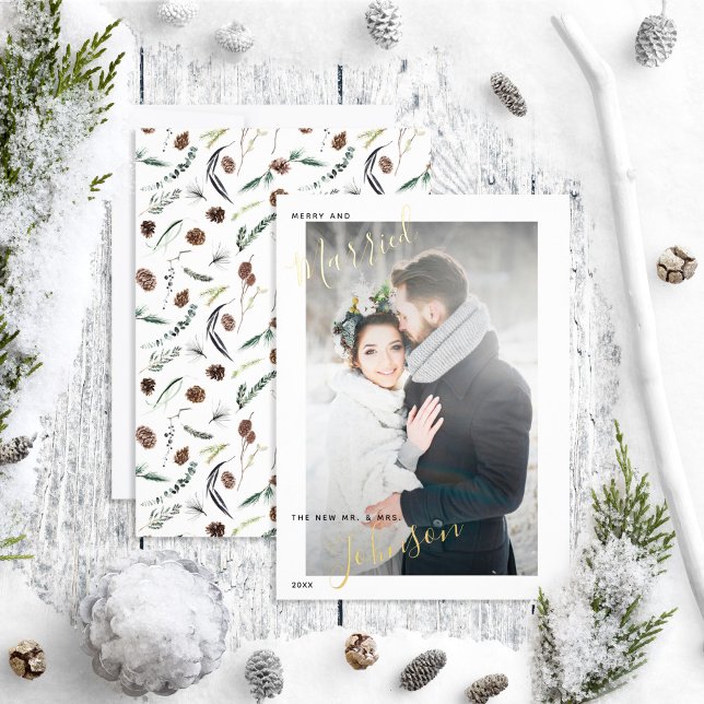 Carte De Vœux En Aluminium Merry & Marié Dusty Winter Wedding Photo (Créateur téléchargé)