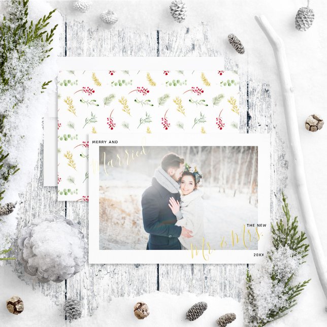 Carte De Vœux En Aluminium Merry & Marié Gold Winter Wedding Photo (Créateur téléchargé)