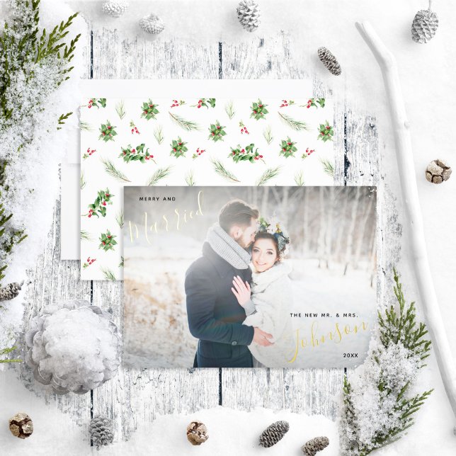Carte De Vœux En Aluminium Merry & Marié Modern Holly Berry Mariage Photo (Créateur téléchargé)