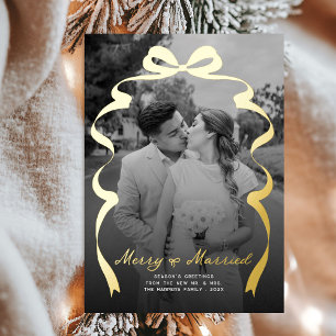 Carte De Vœux En Aluminium Merry & Married Bow Photo Noël Nouveaux mariés