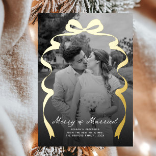 Carte De Vœux En Aluminium Merry & Married Bow Photo Noël Nouveaux mariés
