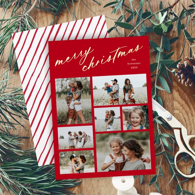 Carte De Vœux En Aluminium Mini 7 photo Collage Script Joyeux Noël (Minimal script merry christmas red and white multi photo collage foil holiday card with stripe back.)