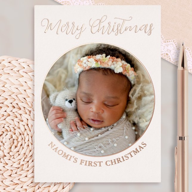 Carte De Vœux En Aluminium Mini photo mignonne Merry Baby's First Christmas (A delightful personalized card for baby's first Christmas, with round 'frame' for your own photo)