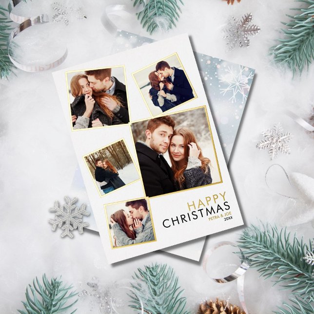 Carte De Vœux En Aluminium Modern 5 Photo Collage Gold de Noël (Créateur téléchargé)