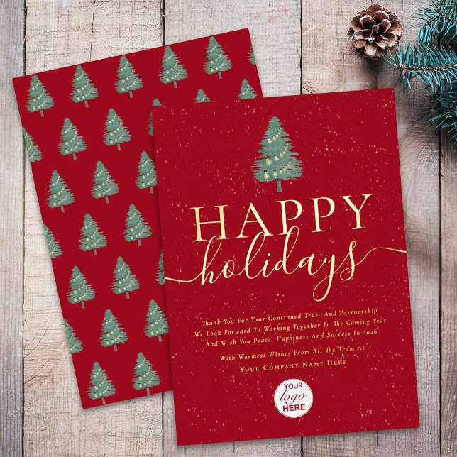 Carte De Vœux En Aluminium Modern Happy Holidays Business Logo Green & Gold (Modern elegant Happy holidays christmas tree & lights corporate logo red & gold foil business card)