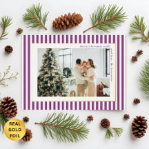 Modern Plum Stripes Photo Christmas Gold