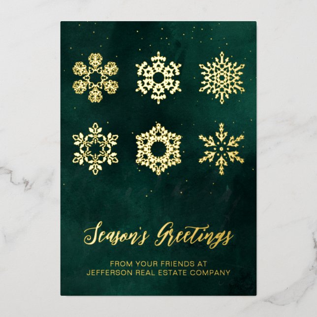 Carte De Vœux En Aluminium Moderne Green Gold Snowflakes Business (Recto)