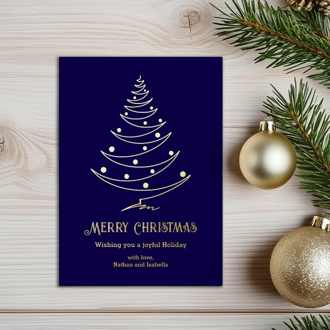 Carte De Vœux En Aluminium Moderne Joyeux Noël Bleu Nuit Or  (Créateur téléchargé)