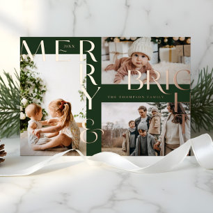 Carte De Vœux En Aluminium Moderne Merry Bright Gras Typographie 3 Photo Vert