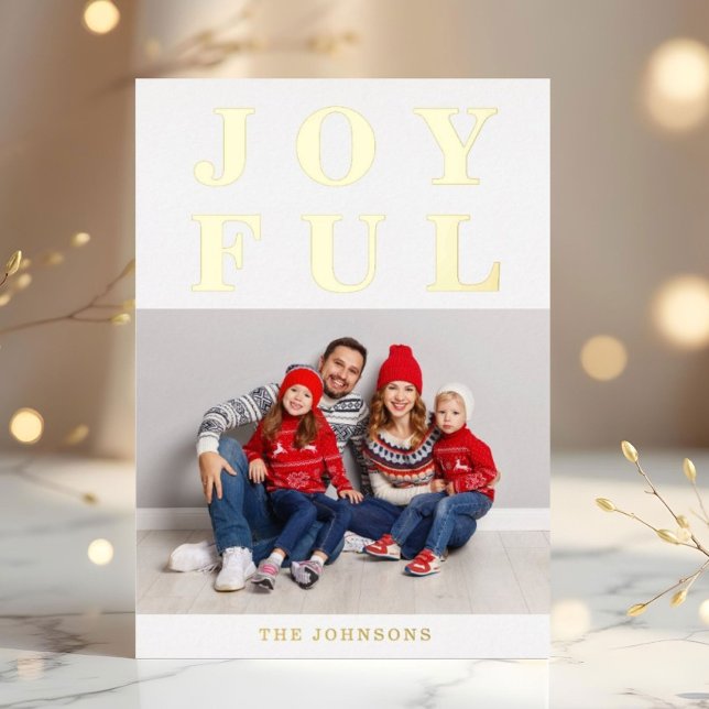 Carte De Vœux En Aluminium Moderne Photo De Noël Joyeux Or (Elegant Joyful Photo Christmas Gold Foil Holiday Card)
