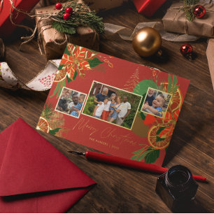 Carte De Vœux En Aluminium Moderne Poinsettia & Verdure   Photo de Noël