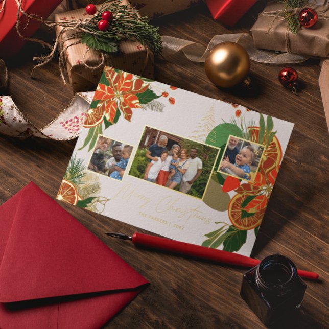 Carte De Vœux En Aluminium Moderne Poinsettia & Verdure | Photo de Noël (Créateur téléchargé)