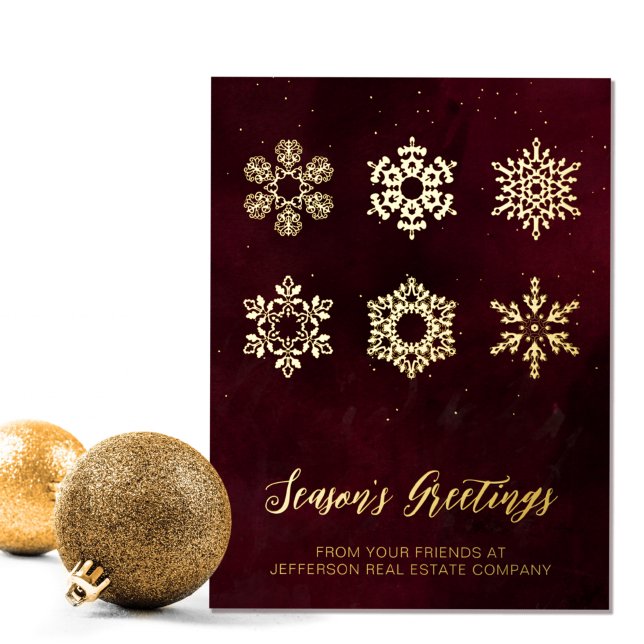 Carte De Vœux En Aluminium Moderne Red Gold Snowflakes Business (Créateur téléchargé)