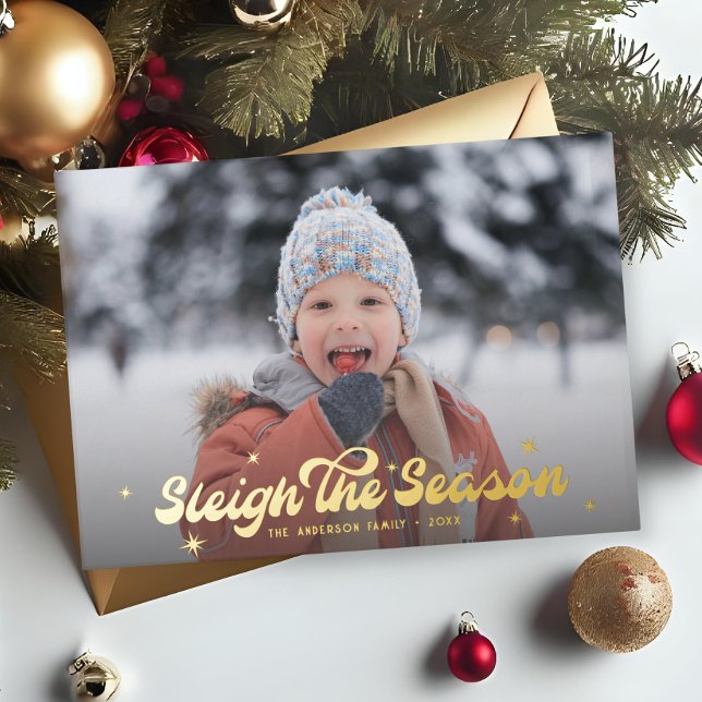 Carte De Vœux En Aluminium Moderne Retro Sleigh La Saison Photo Noël (Créateur téléchargé)
