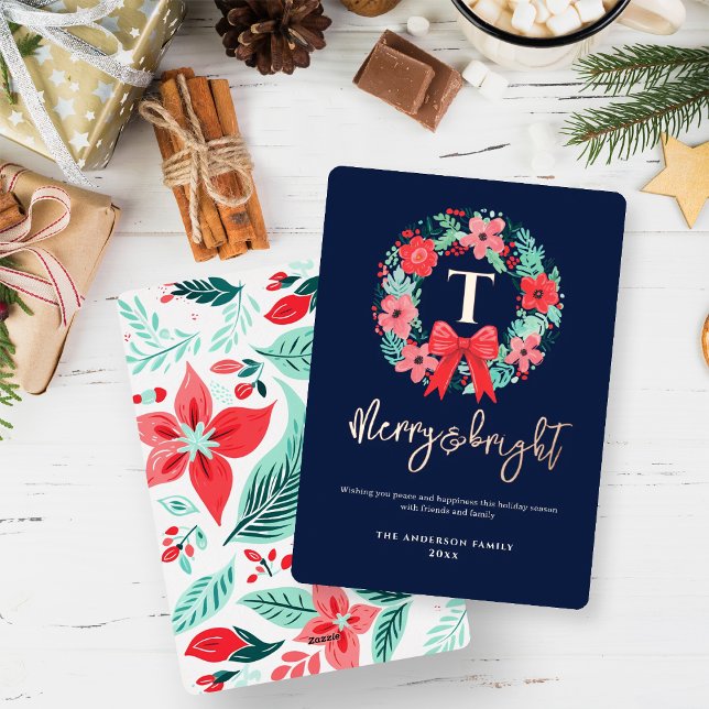 Carte De Vœux En Aluminium Monogram Red Bow Wreath Blue Christmas  (Créateur téléchargé)