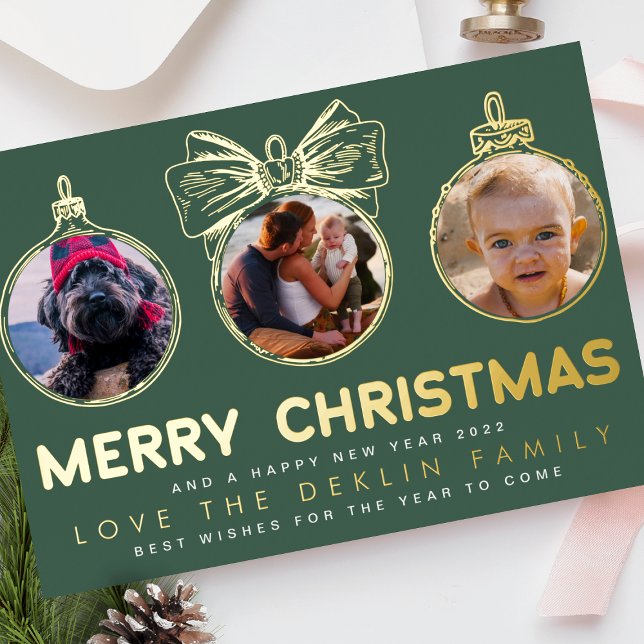 Carte De Vœux En Aluminium Multi Photo Green Gold Joyeux Noël Joyeux (Créateur téléchargé)
